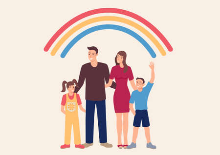Simple flat vector illustration of happy family, cute cartoon charactersのイラスト素材