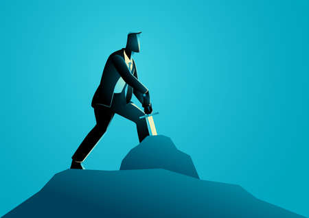 Business concept vector illustration of businessman tries to draw the excalibur sword from the stone, concept for worthiness as a leaderのイラスト素材