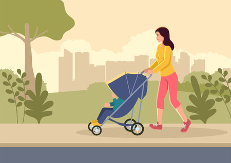 Simple flat vector illustration of a mother with her child on the stroller walks in the city parkのイラスト素材