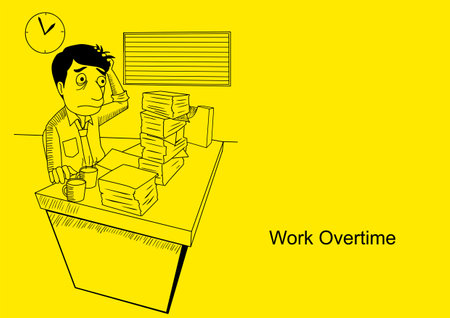 Vector illustration of a man work overtime, cartoon sketch illustrationのイラスト素材
