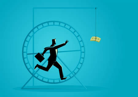 Business concept vector illustration of a businessman running in a hamster wheel chasing for moneyのイラスト素材
