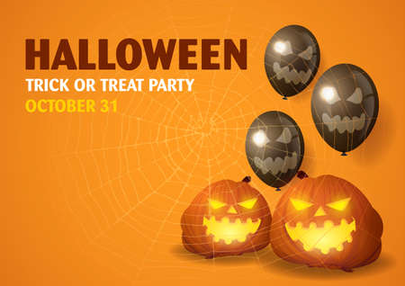 Happy Halloween party invitation with decorative balloons, pumpkins and spider webのイラスト素材