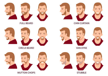 Simple flat vector illustration of men faces with facial hair, men head avatar set