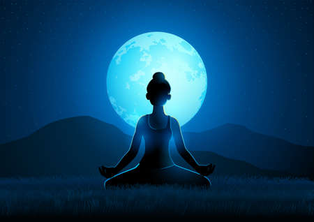 Serenity in nature, beautiful woman doing yoga on a full moon background, vector illustration in EPS 10 formatのイラスト素材