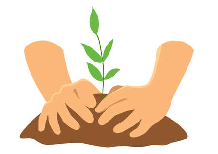 Simple flat vector illustration of hands planting a tree, reforestation, save the earthのイラスト素材
