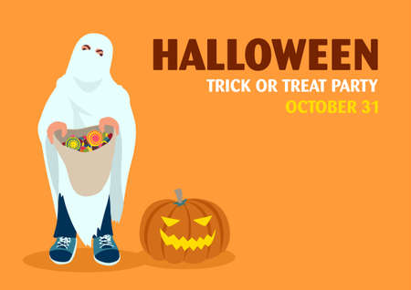 Kid holding candy bag, Happy Halloween party invitation, vector cartoon illustrationのイラスト素材