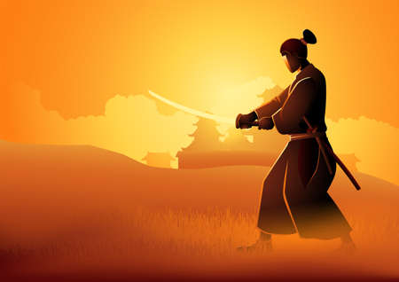 Vector illustration of a Samurai training on grass fieldのイラスト素材