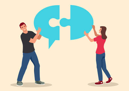 Simple flat vector illustration of young couple put together a puzzle that forms a bubble text,...