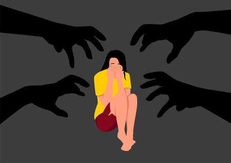 Simple flat vector illustration of terrified young woman sit on floor with shadow of grabbing hands as a threatのイラスト素材