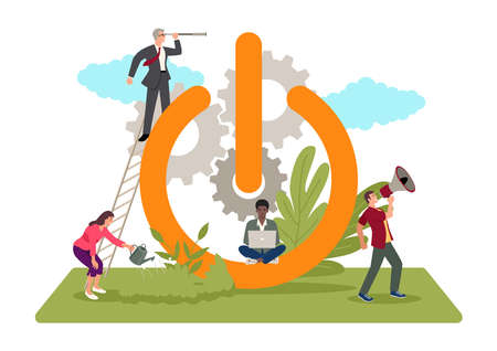 Simple flat vector illustration of casual business people carry out activities to improve performance at the giant on button symbol, start-up business symbolのイラスト素材