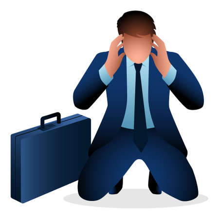 Business concept vector illustration of a depressed businessman kneeling down and squeezing his head because of the headacheのイラスト素材