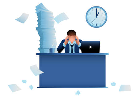 Business concept vector illustration of a stressful businessman sitting at office desk working overtime with overloaded workのイラスト素材
