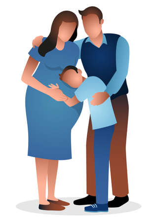 Cartoon illustration of happy family, a boy hugging his pregnant mother hearing inside her belly. Pregnancy and motherhoodのイラスト素材