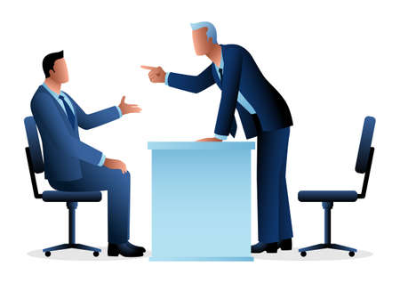 Business vector illustration of a boss pointing his finger to his employee, business, fired, angry management conceptのイラスト素材