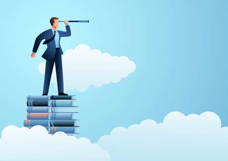 Business concept illustration of a businessman using telescope standing on pile of booksのイラスト素材