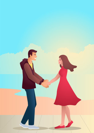 Couple holding hands at the sidewalk near the beach, simple vector illustration for Valentine dayのイラスト素材