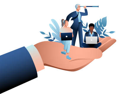 Giant hand holding a business workers, concept for emotional benefits, employee care, corporate support for employeeのイラスト素材