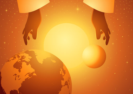 Biblical vector illustration series, The Creation of the World, the fourth day, the Sun, Moon and stars were created