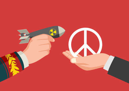 Illustration of a man hand in military uniform holding a nuclear bomb and a hand holding a peace...