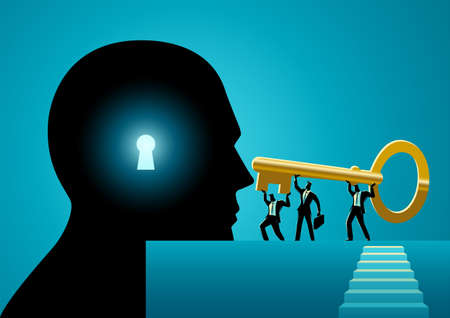 Business people trying to unlock human mind with a giant golden key, business vector illustrationのイラスト素材