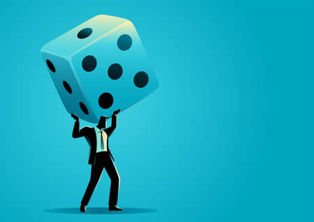 Business concept illustration of businessman lifting a giant dices, unpredictable, taking risk, speculation conceptのイラスト素材