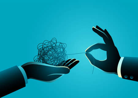 One hand gives a tangled thread and the other hand tries to untangled it, metaphor for coaching, helping to give solution in businessのイラスト素材