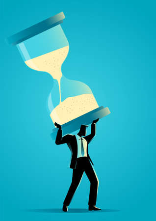 Business concept illustration of businessman carrying a giant hourglass, time management, work...