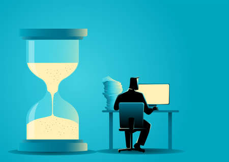 Businessman working on computer to meet deadline symbolize by sand time glass, vector illustration