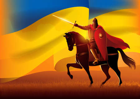 Vector illustration of medieval Slavic knight on horseback with Ukraine flag as the backgroundのイラスト素材