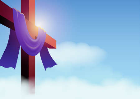 Vector illustration of a cross with purple sash on cloudscape, for good friday, resurrection, easter, christianity themeのイラスト素材
