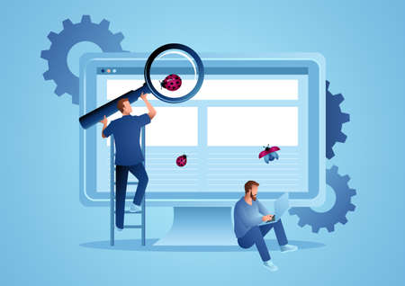 Casual computer analyst working together looking for computer bugs, beta testing, testing software,...