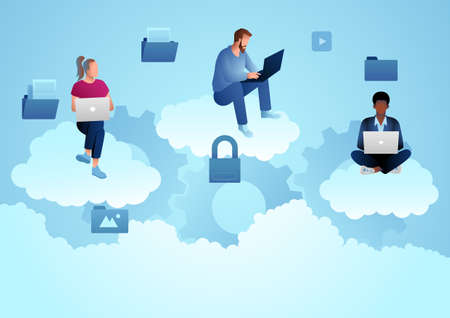 People working on their computers on clouds, remote work, cloud computing, online teamwork, vector illustrationのイラスト素材