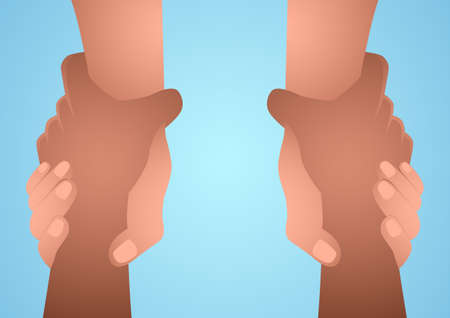 Helping hand, two hands, helping a friend by gripping of his or her arm tight, teamwork, vector...