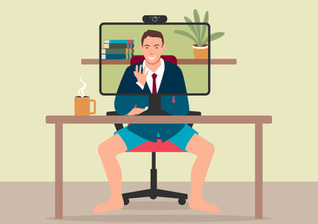 Simple flat vector illustration of a man works from home still wearing shorts while video conferencingのイラスト素材