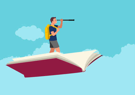 Cartoon illustration of a young boy with backpack using telescope on flying book, education, future plan, forecastのイラスト素材