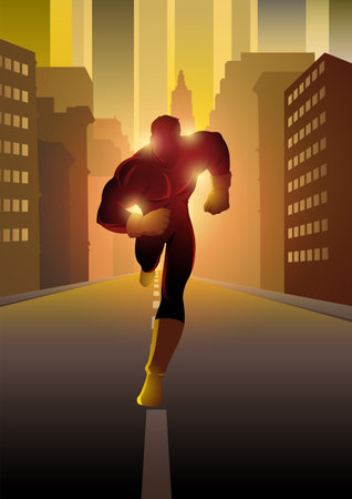 Vector illustration of a superhero running on city streetのイラスト素材