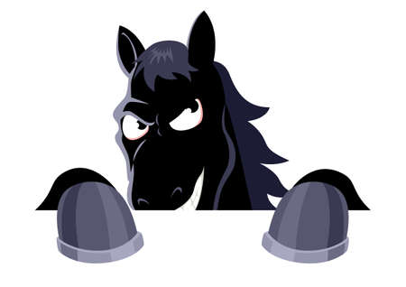 Funny cartoon of a horse peeking from behind the wall, vector illustrationのイラスト素材