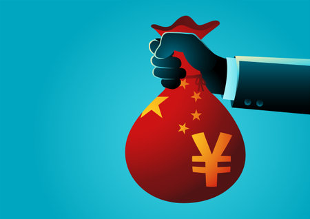 A hand giving money bag with Yuan currency symbol and China insignia, debt to China, Chinese investors, vector illustrationのイラスト素材