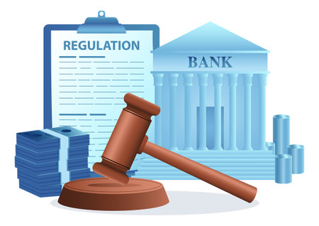 Gavel justice hammer with bank, money and regulation documentのイラスト素材