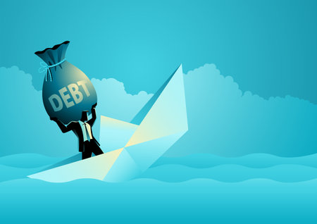 Businessman carrying a heavy debt caused the paper ship he was on to sink, vector illustrationのイラスト素材