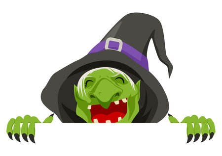 Simple flat cartoon illustration of an old witch peeking from behind the wall, Halloween, vector illustrationのイラスト素材