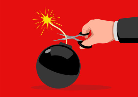 Vector illustration of a hand cuts the lit fuse of a bomb with scissors, solving problem, solution, vector illustrationのイラスト素材