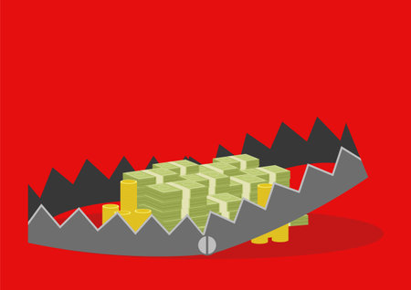 Vector illustration of pile of money in bear trap on red background, considerations for taking loans, financial risk managementのイラスト素材