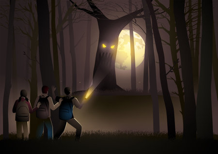 Children adventure in the jungle and find a scary tree monster, Halloween theme, vector illustrationのイラスト素材