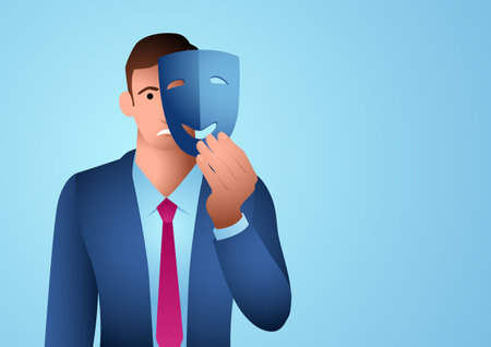 Business concept illustration of businessman wearing smiling face mask, dissemblance, pretend, hypocrite, falsity conceptのイラスト素材