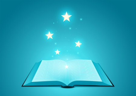 Bright stars flying out from opened book, knowledge, magic, education conceptのイラスト素材
