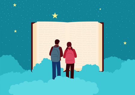 Boy and girl reading a giant book on clouds among the stars, education, aspiration, ambition conceptのイラスト素材