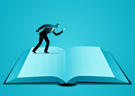 Businessman reading giant book pages using magnifying glass, literacy, knowledge, information conceptのイラスト素材