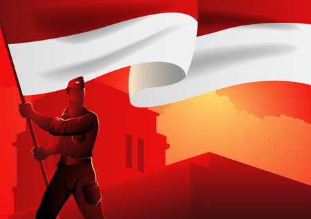Indonesian National hero holding the flag of Indonesia, independence day, Indonesian national heroes day, vector illustrationのイラスト素材