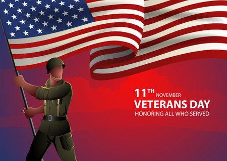 WW2 American soldier holding the flag of USA, independence day, veterans day, vector illustrationのイラスト素材